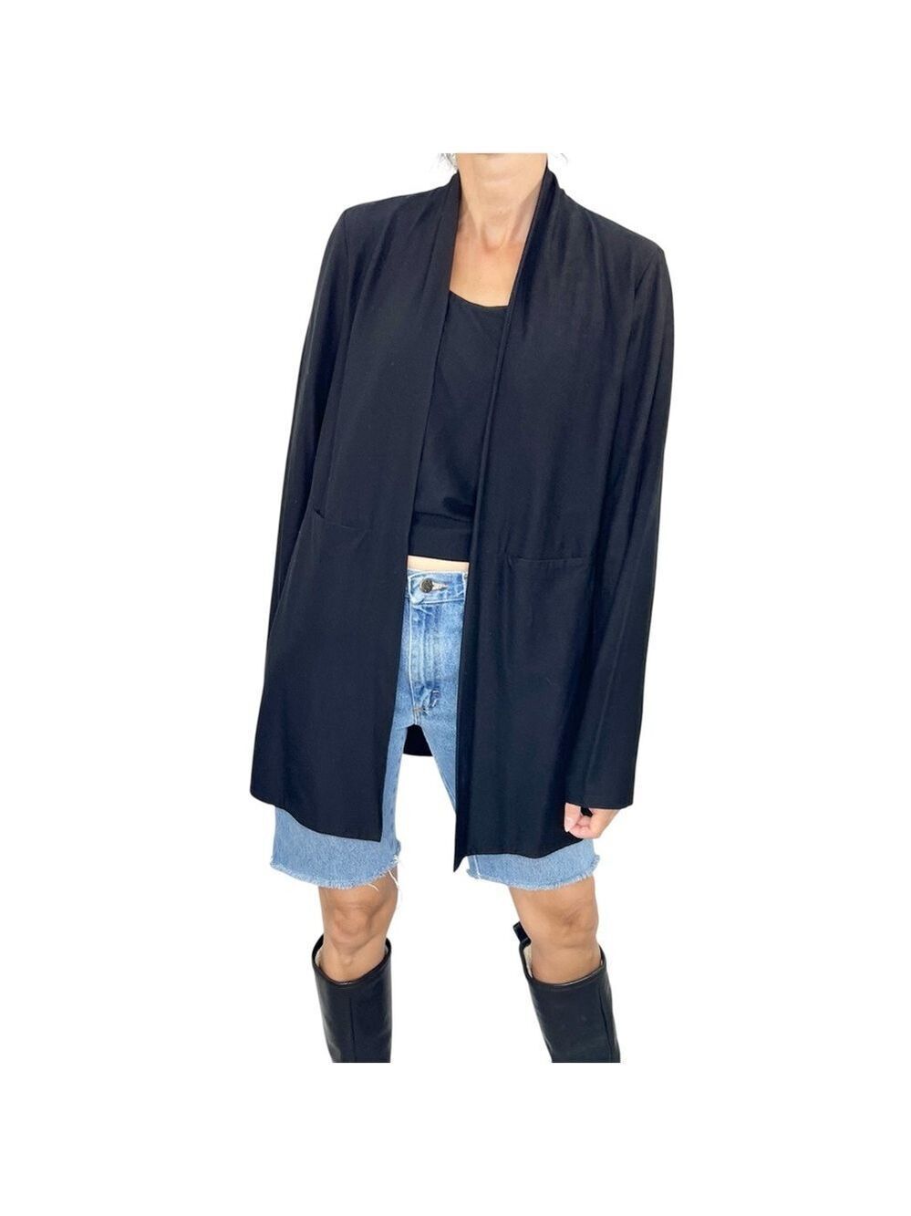 Eileen Fisher long black jersey knit open front minimalist cardigan jacket top M